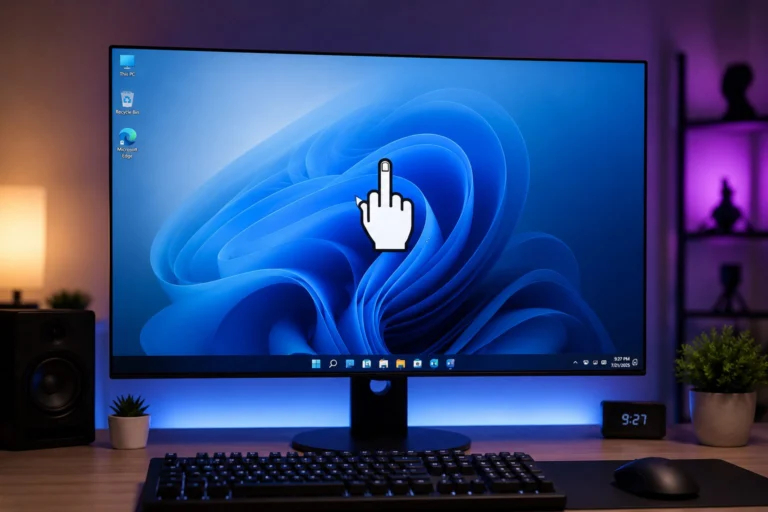 Windows 11 desktop screen displaying a custom middle finger mouse cursor