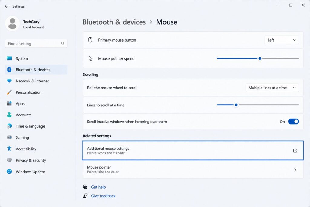 Windows 11 Settings window highlighting the Additional Mouse Settings option