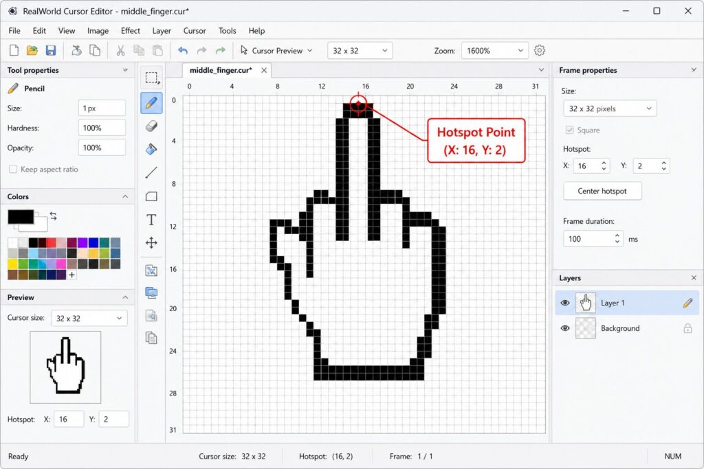 Cursor editing software canvas demonstrating correct hotspot alignment at the tip of the middle finger cursor.